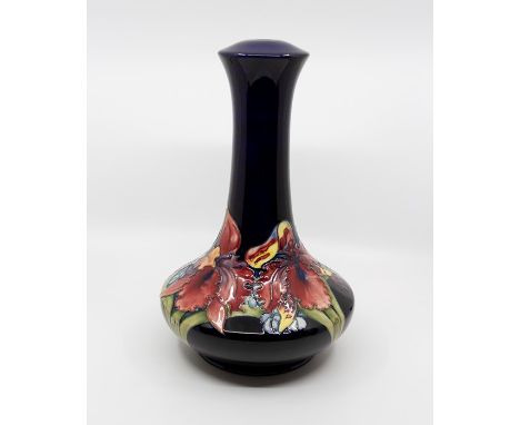 Moorcroft Orchid pattern lamp base, squat body with long slender neck, circa 1948, signed and marked to base, original label 