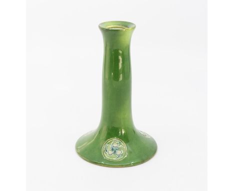A Moorcroft for Liberty Flammian Ware candlestick, circa 1905, spreading cylindrical base, green glaze, stamped Made for Libe