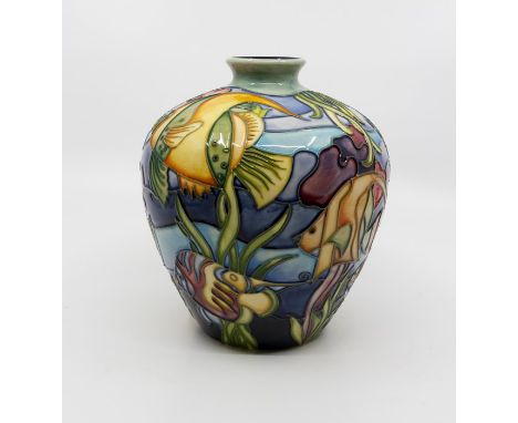 Moorcroft Martinique pattern globular shaped vase decorated with Angel fish swimming amongst seaweed , circa 1997, approx 18 