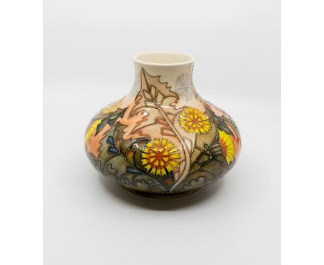 Moorcroft Dandelion pattern vase in squat baluster shape, circa 1995, limited edition 198/200, approx 17 cms tall, signed and