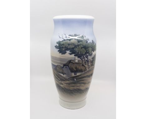 Royal Copenhagen large vase depicting cottage on a coast line, number 2854, marked to base, first qualityVery good condition 