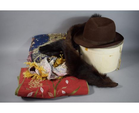 A Collection of Vintage Textiles and Accessories to Include Christys' London Imperial Quality Hat, Fur Stole, Embroidered Pan