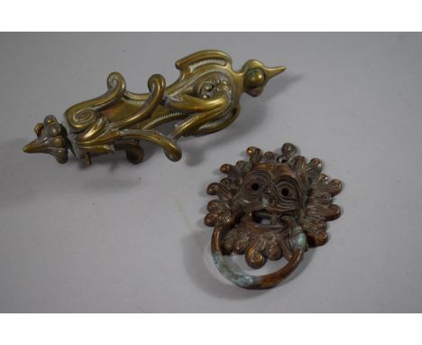 A Brass Door Knocker in the Art Nouveau Style (25cm High) and an Imp Mask Example 