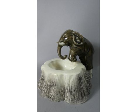 A Mid 20th Century Czechoslovakian Glazed Ceramic Ashtray/Bowl in the Form of an Elephant Climbing on Tree Trunk, 18cm High 