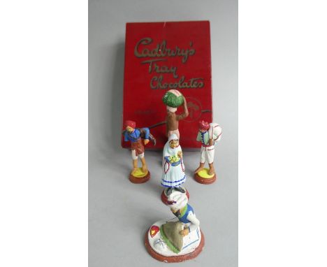 A Vintage "Cadbury's Tray Chocolate" Box Containing Five Indian Figures of Tradesmen etc (Most AF) 