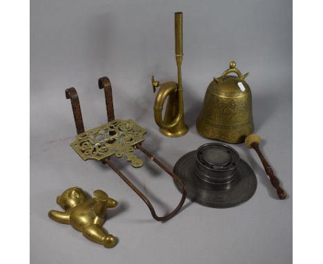 A Collection of Metalwares to Include Pewter Captan Style Inkwell (AF), Oriental Cast Brass Bell with Clapper, Brass Teddy Be