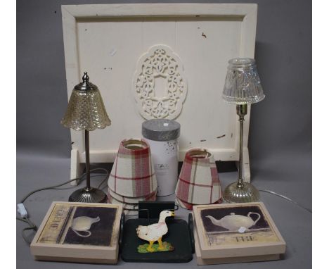 A Box of Sundries to Include Two Table Lamps, Shades, Stationery Holder, Fire Screen, Prints etc 