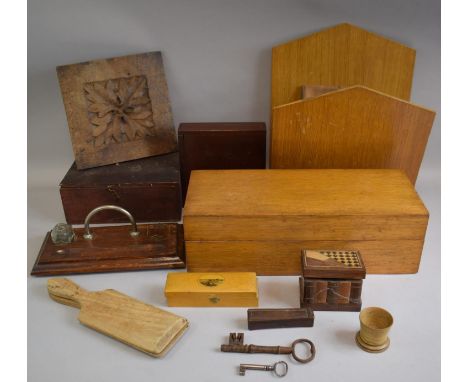 A Collection of Treen to Include Butter Pats, Magazine Rack, Inkstand, Card Index Box, Carved Panel, Mauchline Ware Box for R