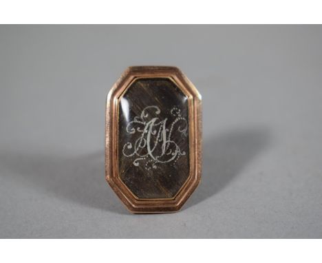 A 19th Century Rose Metal Mourning or Memoriam Ring Containing Braided Hair and with Painted Monogram 