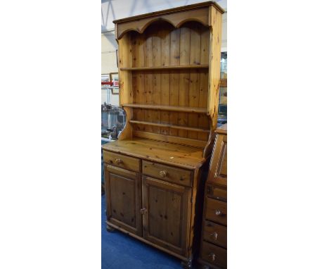 A Pine Dresser with Two Drawers Over Cupboard Base, Two Shelf Plate Rack Over, 89.5cm Wide 