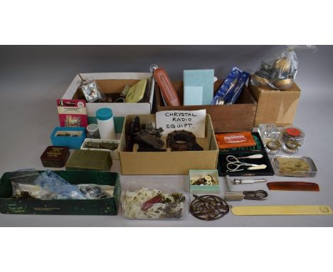 A Box of Vintage Sundries to Include Inkwells, Radio Spares, Kynock Page Turner, Brass Hinges etc 