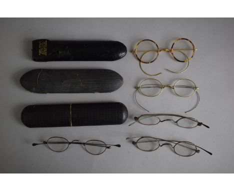 A Collection of Five Pairs Vintage Spectacles, Three with Cases Plus Tortoiseshell Frame and Pair with Bridge Stamped 10ct 