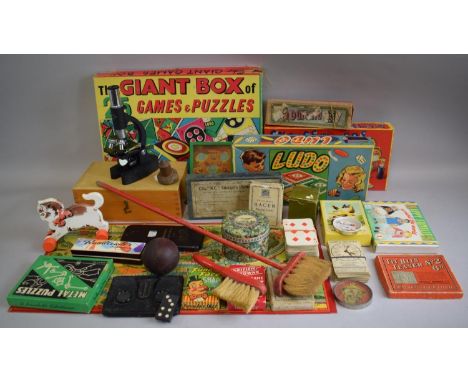 A Collection of Vintage Toys and Games, Card Games, Puzzle Games, Child's Microscope and Geometry Sets, Stereo Viewer, Domino