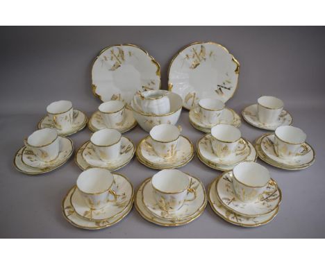 An Oriental White and Gilt Bamboo Pattern Tea Set Comprising 12 Trios, 2 Cake Plates, Sugare and Cream 