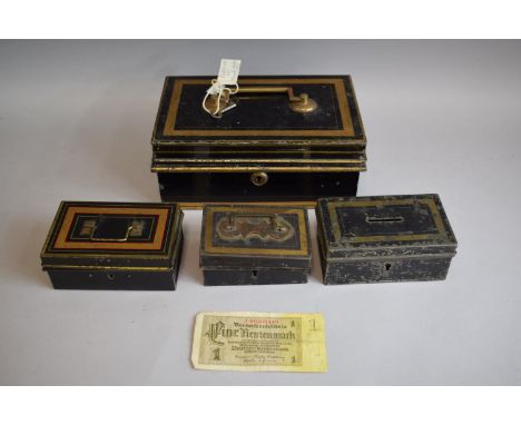 A Collection of Four Vintage Cash Tins, The Largest with Key Together with a German 1 Fine Rentenmark Bank Note 