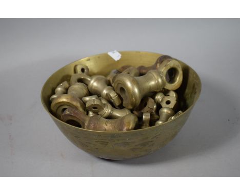 A Large Quantity of Brass Bell Scale Weights and Oriental Brass Bowl, Total Weight 12.6kg 