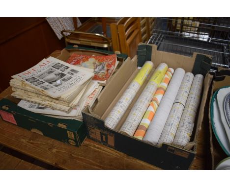 A Box Containing Six Rolls Vintage Wall Paper and Collection of I-See-All Magazines etc 
