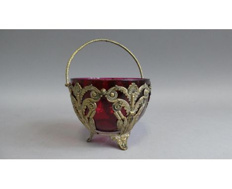 A Continental Ruby Glass Sugar Bowl in Pierced Silver Plated Holder with Loop Carrying Handle, 10.5cm Diameter 