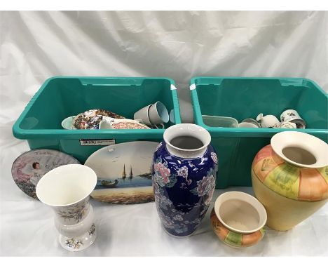 Two boxes of various china to include the residue of a Poole pottery tea/service, collectors plates and various vases to incl