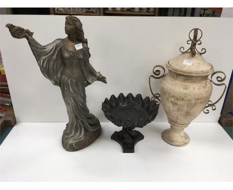 A large stoneware urn, a centre piece together with a model of a lady.