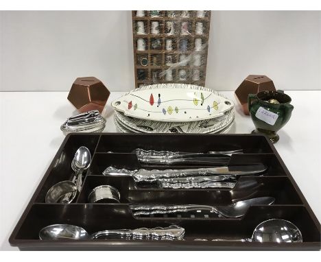 Various items to include cutlery, thimbles, plates, a lighter etc.
