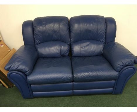 A blue leather two seater reclining sofa.