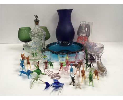 Various glassware to include a vases, glasses, decanter and glass animal ornaments.