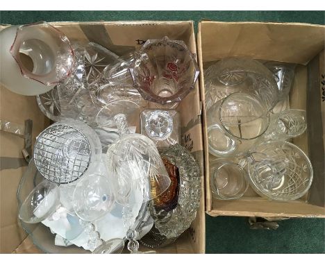 Two boxes of glassware, vases, jugs, decanter etc.