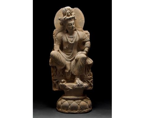 Ca. 300–400 AD. A seated figure of the Bodhisattva Maitreya, the Buddha who is believed to be incarnated in the future for th