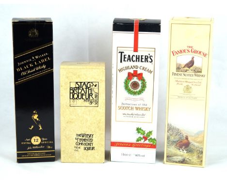 4 bottles (including 3 litre bottles) mixed Lot Proprietory Scotch Whiskies and Whisky Liqueur from 1980's/90's 
Comprising 1