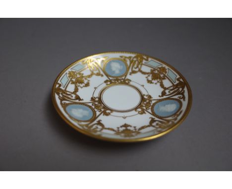 A Mintons pâte-sur-pâte saucer by Alboin Birks, decorated with three circular classical portrait medallions, signed A.Birks, 
