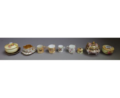 A group of English bone-china, mostly 20th century, comprising; two Royal Worcester blush ivory floral decorated small bowls 