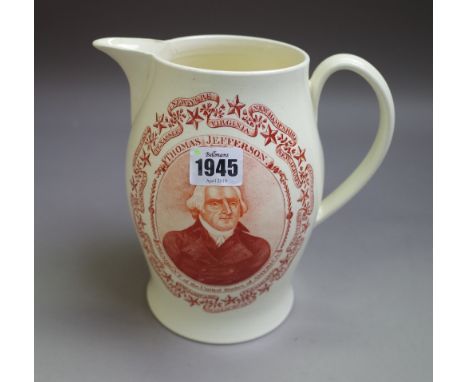 An English creamware jug, probably Liverpool, early 19th century, printed on one side in brick-red with a titled head and sho