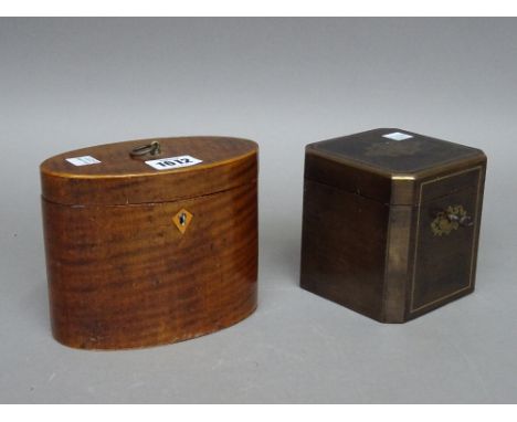 A 19th century French brass mounted cube tea caddy of canted square form, 10cm wide x 11cm high, together with a George III o