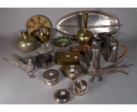 Metalware, including; a silver circular snuff box, an embossed silver lidded powder box, a silver plated tray in the form of 