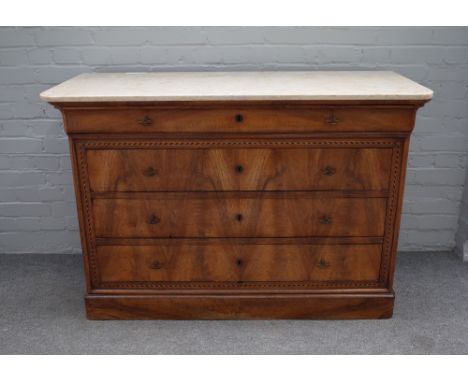 A 19th century French commode, the marble top over an inlaid walnut base of four long graduated drawers, 129cm wide x 87cm hi
