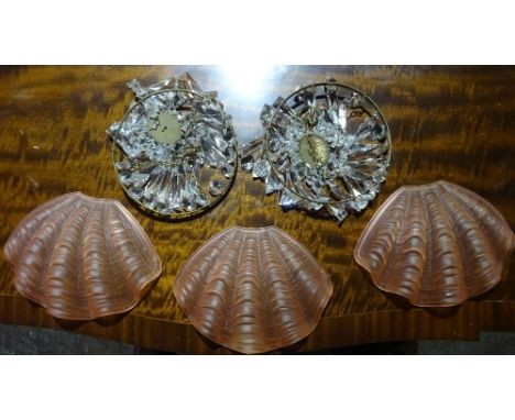 A pair of 20th century glass drop ceiling lights and a ceiling light with pink frosted glass, (3). 