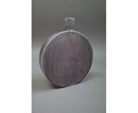 Derek Davis (1926-2008); an aubergine glazed porcelain discoidal flask, 23.5cm high.  DDS