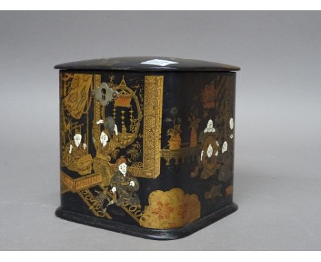 A late 19th century Chinese black lacquer chinoiserie cube tea caddy, decorated with figures in an interior, 11cm wide x 12cm