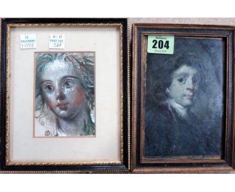 English School, Portrait sketch of a gentleman, oil on board, 15cm x 9.5cm.; together with a pencil, watercolour and gouache 
