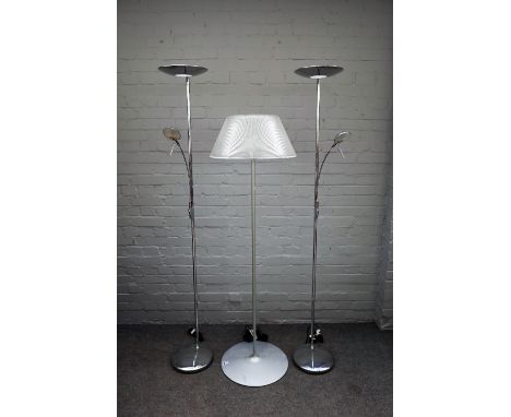 A modern aluminium and glass standard lamp with circular pleated glass shade (158cm high) and a pair of modern chrome Lexingt