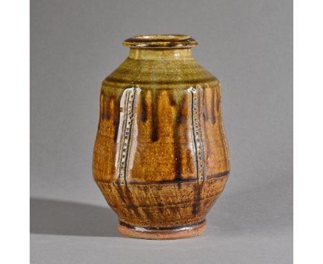 Mike Dodd (born 1943), a vase with incised pattern and ash glaze, makers mark, 20cm high.  DDS Illustrated. 