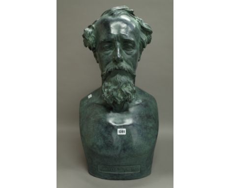 A modern 'bronzed' ceramic bust of 'Charles Dickens' incised to the rear 'A.G WOOLNER' Copyright June 1908' 65cm high.