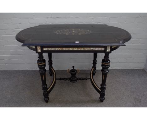 A mid-19th century mother-of-pearl and brass inlaid ebonised centre table, on turned supports, united by stretcher, 125cm wid