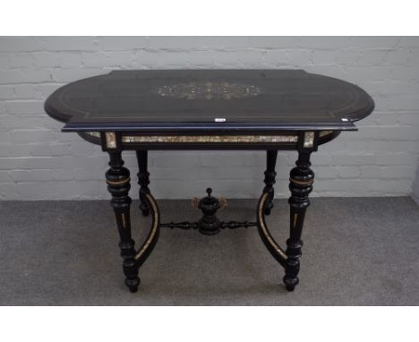 A mid-19th century mother-of-pearl and brass inlaid ebonised centre table, on turned supports, united by stretcher, 125cm wid