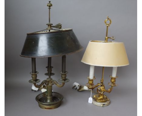 A French ormolu bouillotte table lamp, early 20th century, with three foliate scroll arms, a pierced circular base and adjust