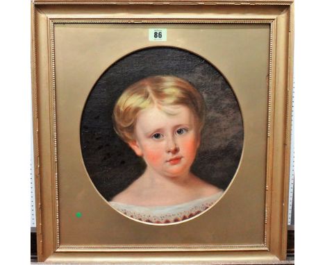 English School (19th century), Portrait of a child, oil on canvas laid on board, tondo, 31cm diam.
