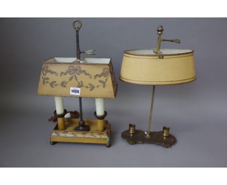 A Georgian style tole peinte twin sconce table lamp of rectangular form, foliate painted with adjustable shade, 41cms high; a