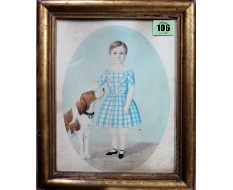 English Provincial School (19th century), Portrait of a child with pet dog, watercolour, oval, 22.5cm x 16cm.