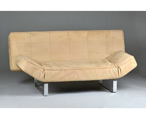 Bo Concept; a suede upholstered sofa on polished steel supports, 185cm wide x 90cm high. Illustrated.  